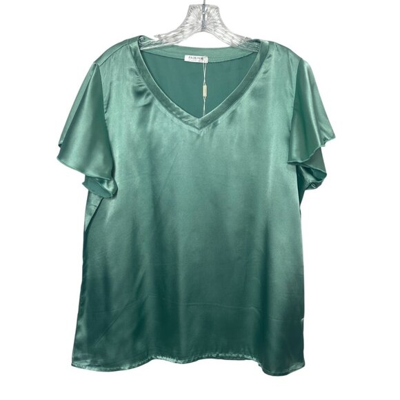 Ekouaer Loose Casual Satin Short Sleeve Top Blouse Womens Large Green New - Picture 1 of 9